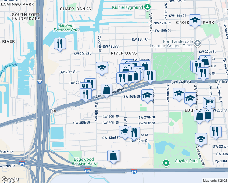 map of restaurants, bars, coffee shops, grocery stores, and more near 1351 Marina Mile Boulevard in Fort Lauderdale