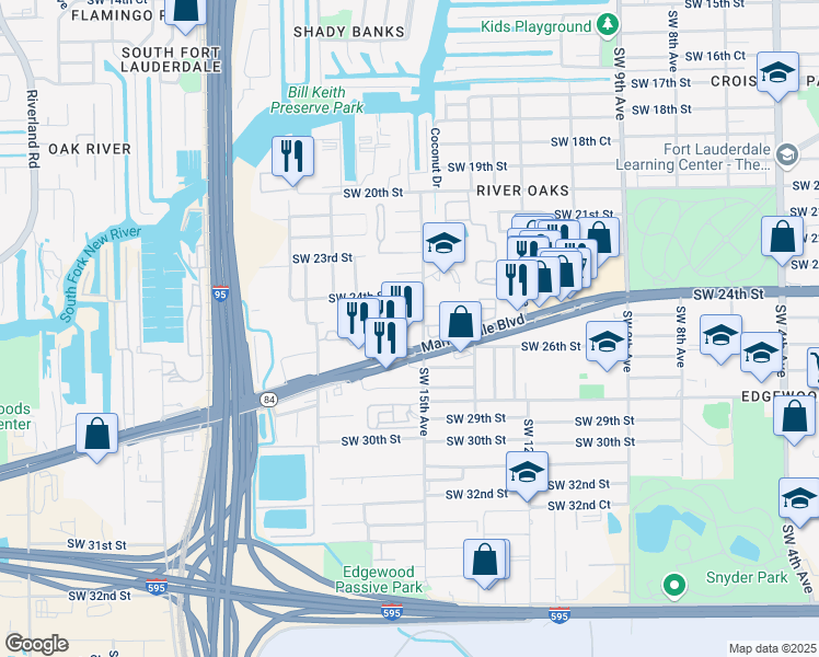 map of restaurants, bars, coffee shops, grocery stores, and more near 1510 Southwest 25th Street in Fort Lauderdale