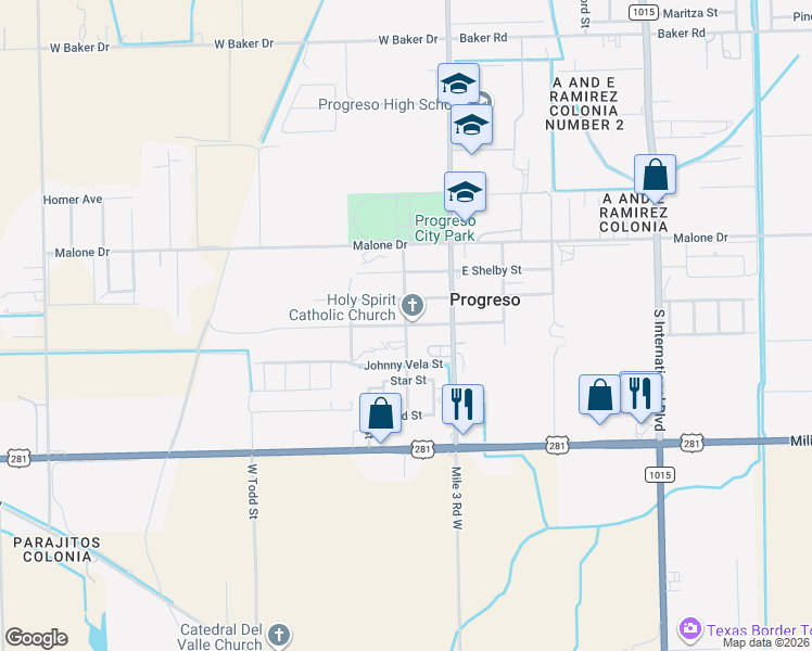 map of restaurants, bars, coffee shops, grocery stores, and more near Hidalgo Street in Weslaco