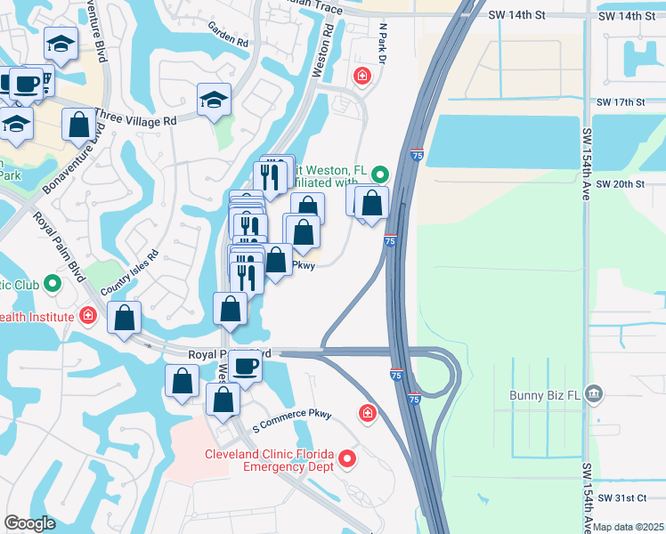 map of restaurants, bars, coffee shops, grocery stores, and more near 2100 North Commerce Parkway in Weston