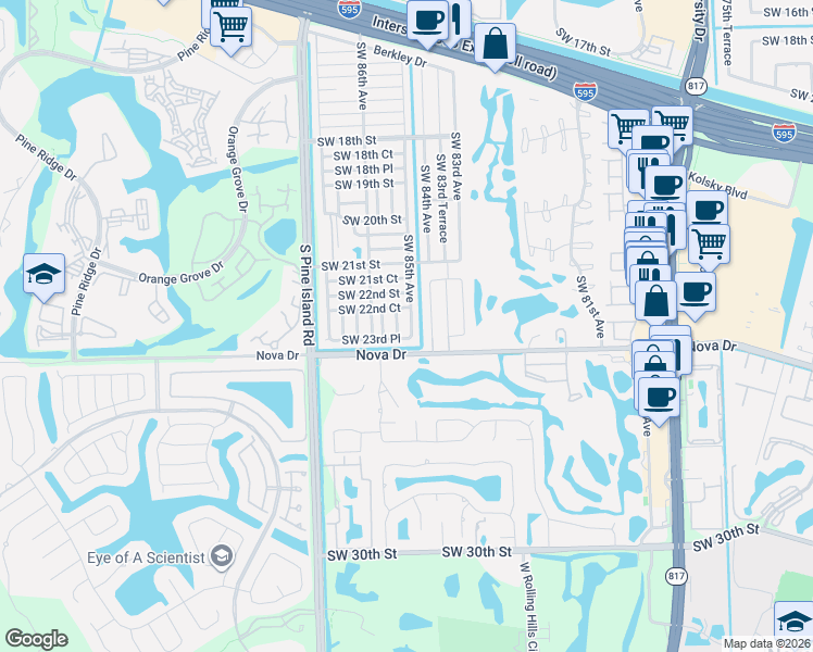 map of restaurants, bars, coffee shops, grocery stores, and more near 8540 Southwest 23rd Place in Davie