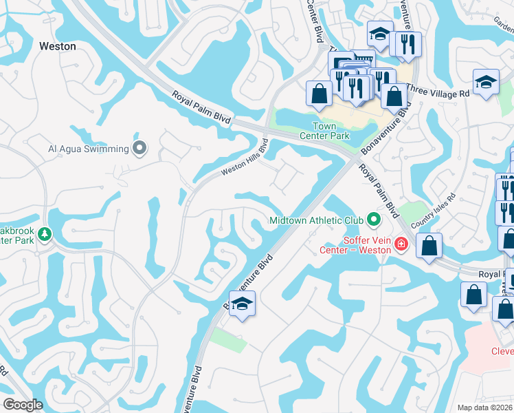 map of restaurants, bars, coffee shops, grocery stores, and more near 2665 Palmer Place in Weston