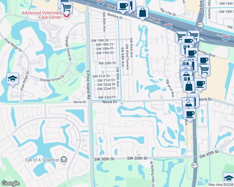 map of restaurants, bars, coffee shops, grocery stores, and more near 2321 Southwest 85th Avenue in Davie