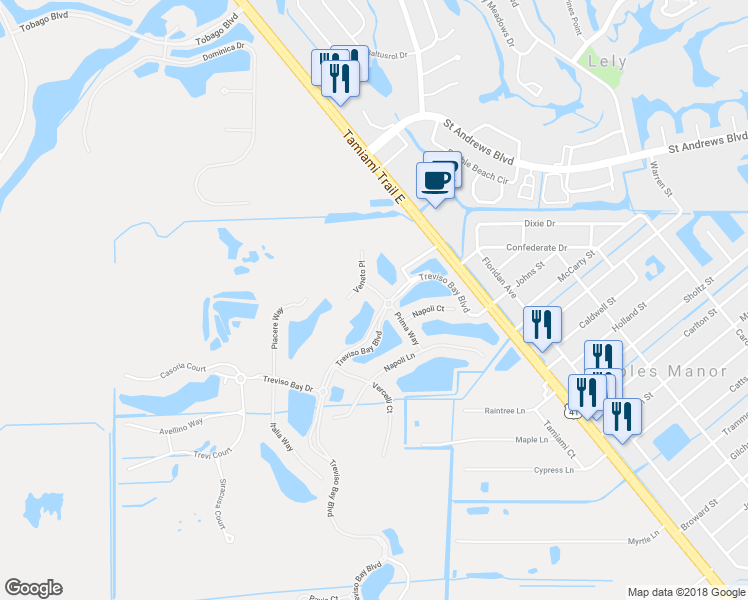 map of restaurants, bars, coffee shops, grocery stores, and more near 9205 Veneto Lane in Naples