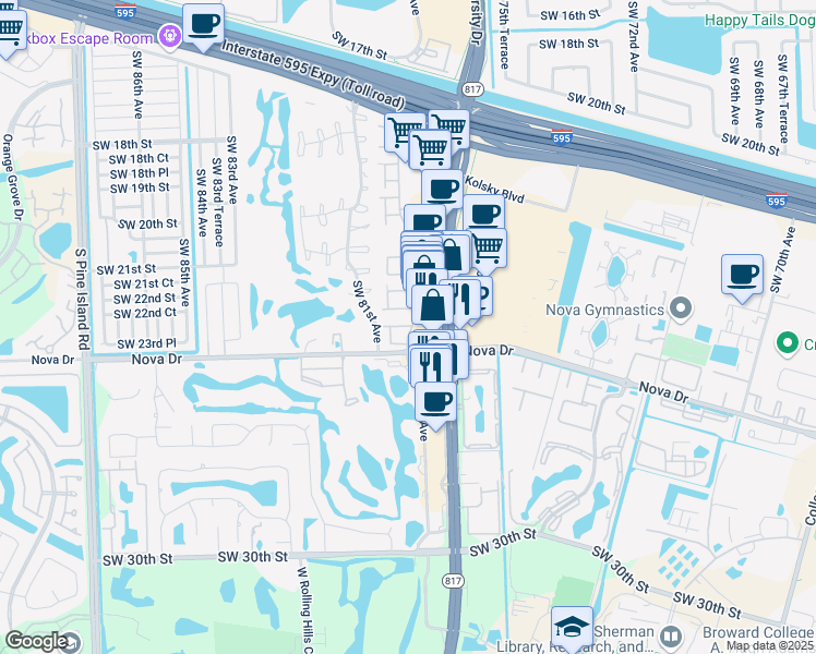 map of restaurants, bars, coffee shops, grocery stores, and more near 16 South Valencia Drive in Davie