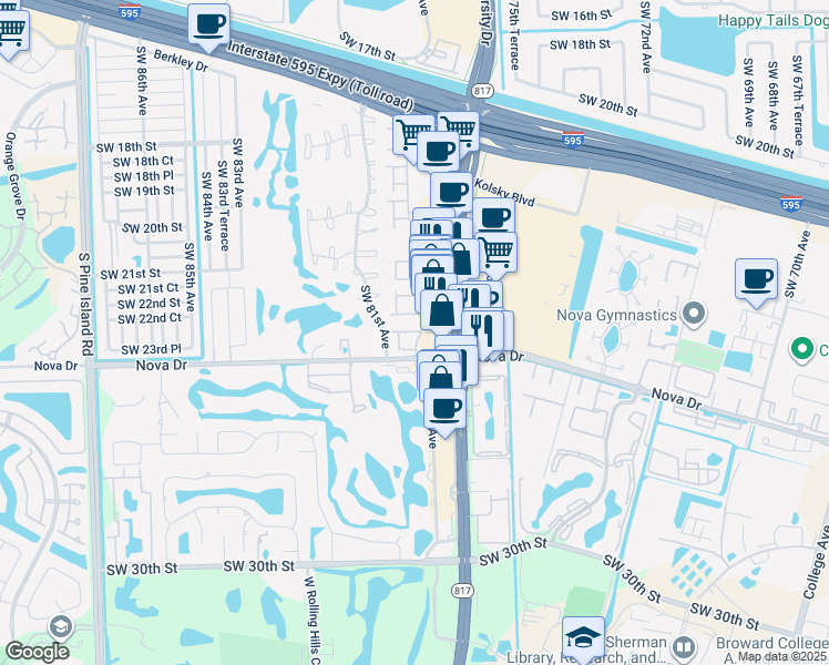 map of restaurants, bars, coffee shops, grocery stores, and more near 16 South Valencia Drive in Davie