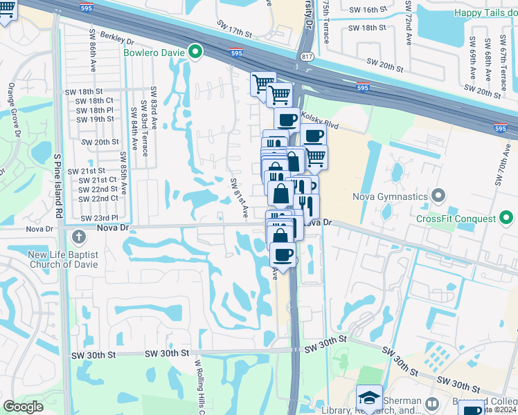 map of restaurants, bars, coffee shops, grocery stores, and more near 16 South Valencia Drive in Davie
