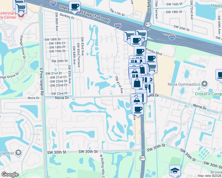 map of restaurants, bars, coffee shops, grocery stores, and more near 8149 Southwest 24th Street in Davie