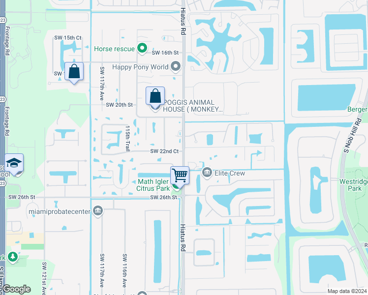map of restaurants, bars, coffee shops, grocery stores, and more near 14751 Southwest 23rd Street in Davie