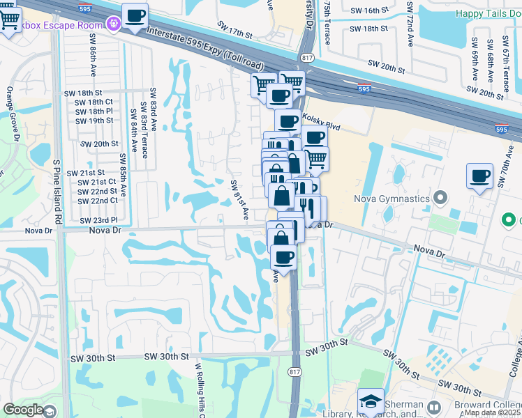 map of restaurants, bars, coffee shops, grocery stores, and more near 16 South Valencia Drive in Davie