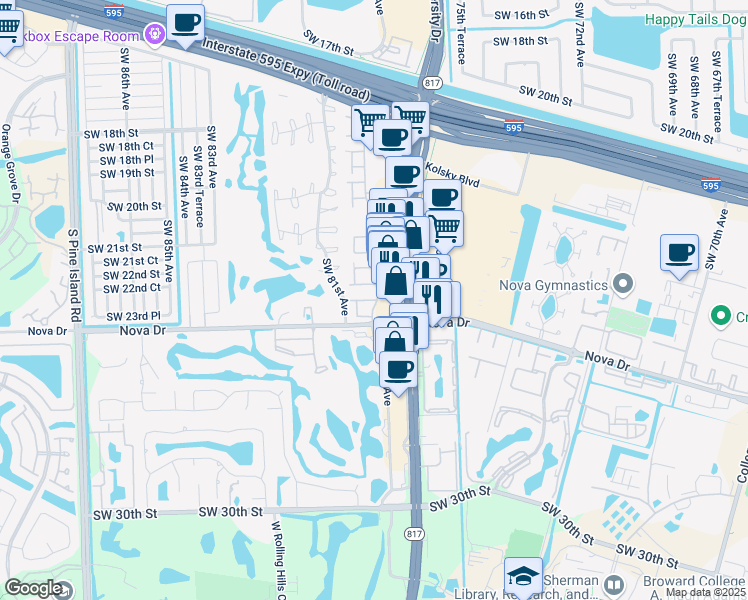 map of restaurants, bars, coffee shops, grocery stores, and more near 16 South Valencia Drive in Davie