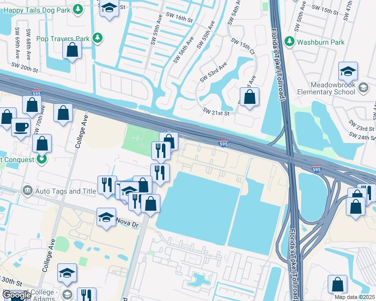 map of restaurants, bars, coffee shops, grocery stores, and more near 6220 Reese Road in Davie