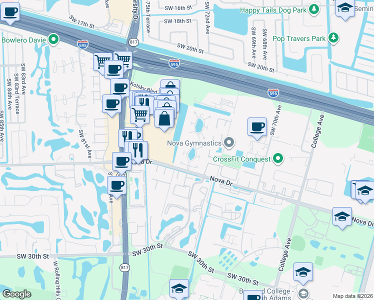 map of restaurants, bars, coffee shops, grocery stores, and more near 2261 Nova Village Drive in Davie