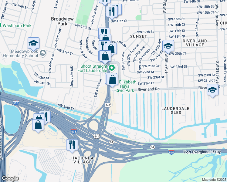 map of restaurants, bars, coffee shops, grocery stores, and more near 3950 Riverland Road in Fort Lauderdale