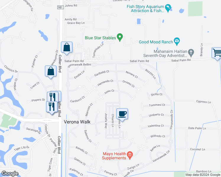 map of restaurants, bars, coffee shops, grocery stores, and more near 7787 Ionio Court in Naples