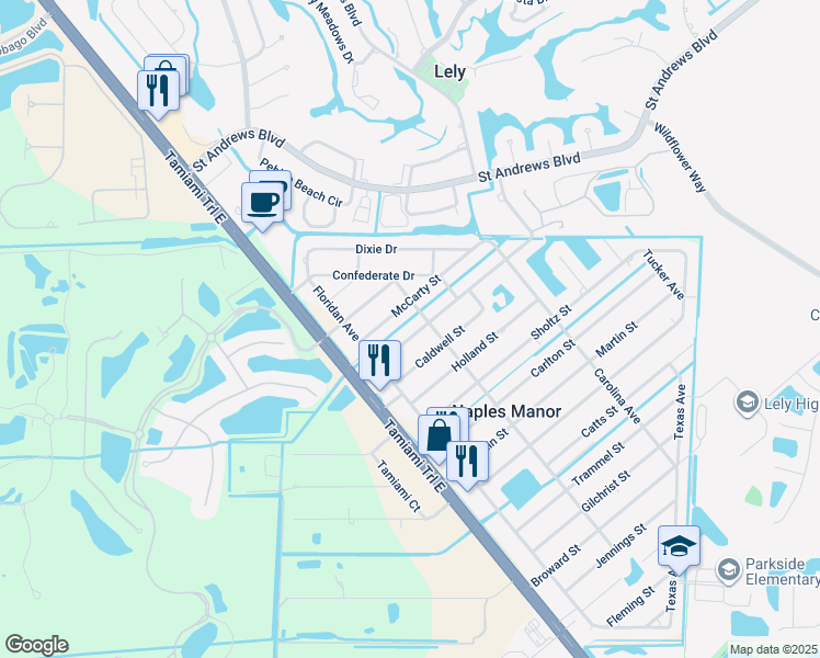 map of restaurants, bars, coffee shops, grocery stores, and more near 5217 Warren Street in Naples