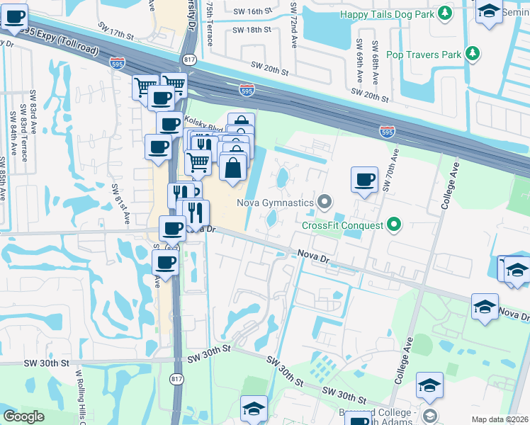 map of restaurants, bars, coffee shops, grocery stores, and more near 2261 Nova Village Drive in Davie