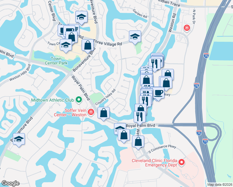 map of restaurants, bars, coffee shops, grocery stores, and more near 2233 Columbia in Weston