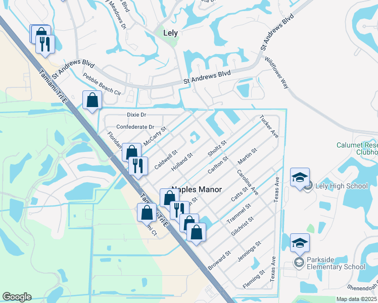 map of restaurants, bars, coffee shops, grocery stores, and more near 5333 Holland Street in Naples