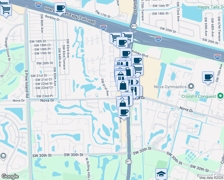 map of restaurants, bars, coffee shops, grocery stores, and more near 16 South Valencia Drive in Davie