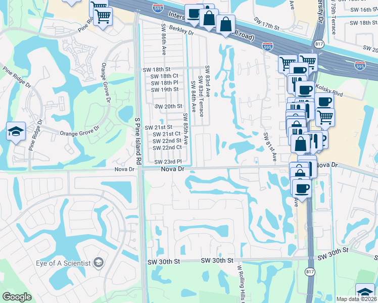 map of restaurants, bars, coffee shops, grocery stores, and more near 8540 Southwest 23rd Place in Davie
