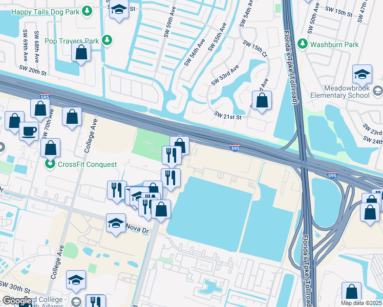 map of restaurants, bars, coffee shops, grocery stores, and more near 6120 Reese Road in Davie