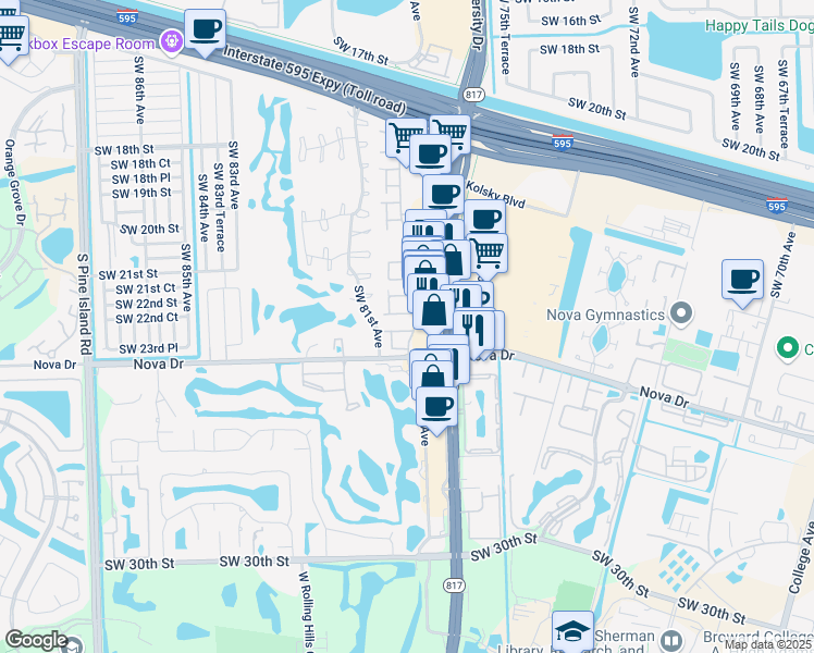 map of restaurants, bars, coffee shops, grocery stores, and more near 16 South Valencia Drive in Davie