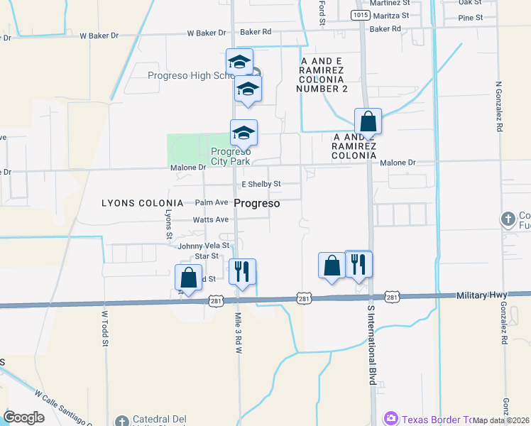 map of restaurants, bars, coffee shops, grocery stores, and more near 315 Palm Avenue in Progreso