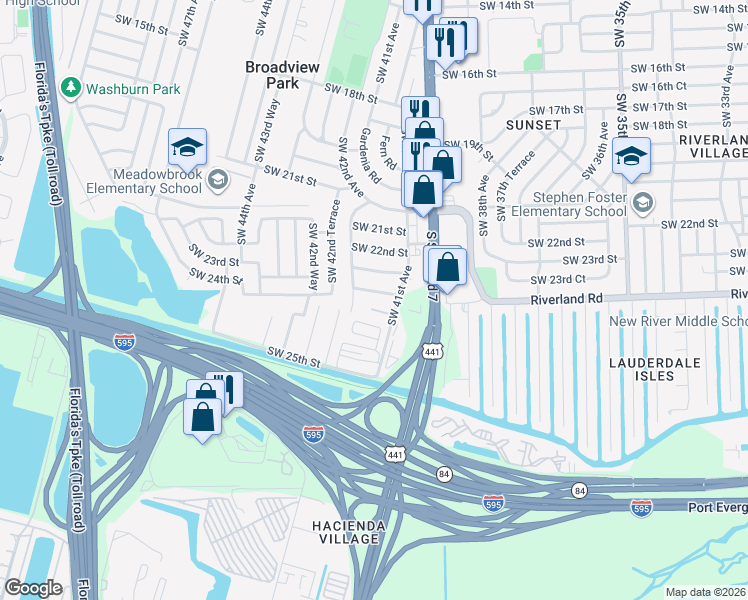 map of restaurants, bars, coffee shops, grocery stores, and more near 4130 Southwest 23rd Street in Fort Lauderdale