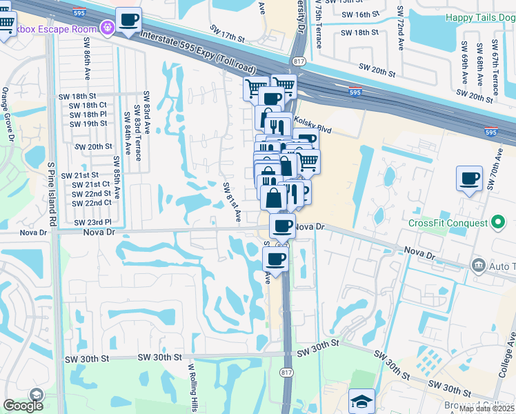 map of restaurants, bars, coffee shops, grocery stores, and more near 59 Madrid Lane in Davie