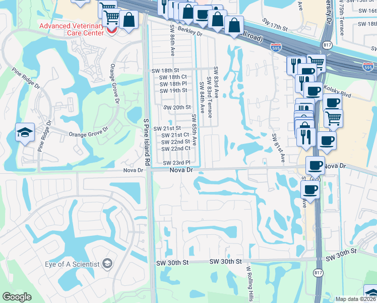 map of restaurants, bars, coffee shops, grocery stores, and more near 8520 Southwest 22nd Street in Davie