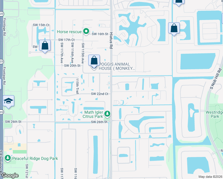 map of restaurants, bars, coffee shops, grocery stores, and more near 2192 Southwest 112th Avenue in Davie