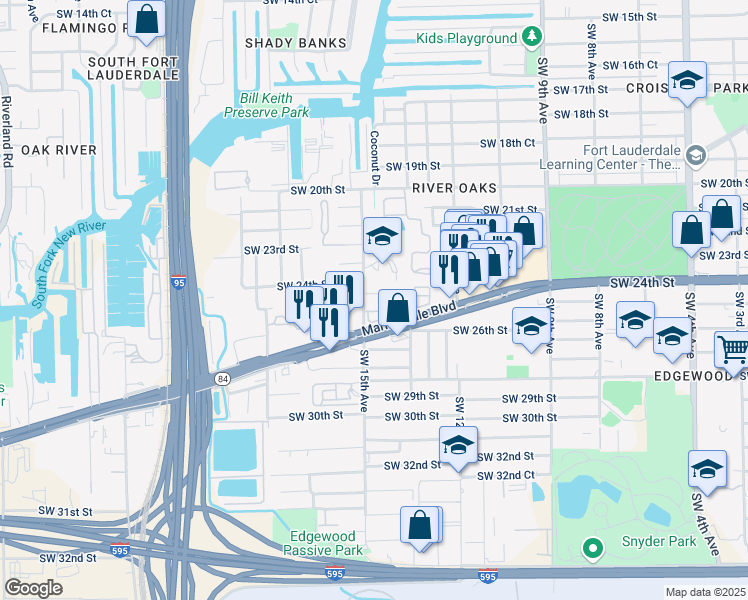 map of restaurants, bars, coffee shops, grocery stores, and more near 1431 Southwest 24th Court in Fort Lauderdale