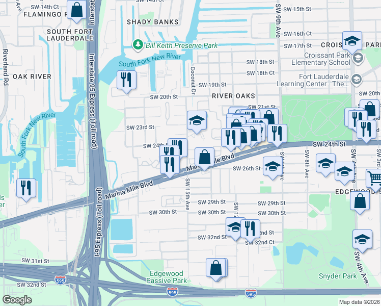 map of restaurants, bars, coffee shops, grocery stores, and more near 1431 Southwest 24th Court in Fort Lauderdale