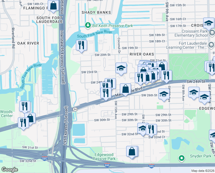 map of restaurants, bars, coffee shops, grocery stores, and more near 1506 Southwest 24th Street in Fort Lauderdale