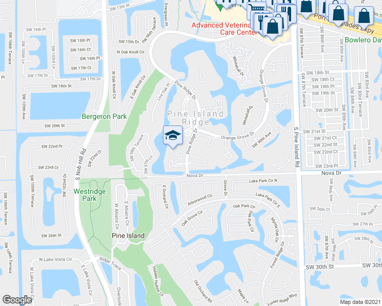 map of restaurants, bars, coffee shops, grocery stores, and more near 2150 Southwest 94th Terrace in Davie