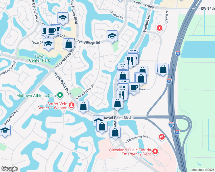 map of restaurants, bars, coffee shops, grocery stores, and more near 2180 Tallahassee in Weston