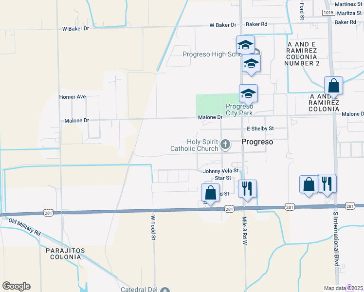 map of restaurants, bars, coffee shops, grocery stores, and more near 315 Palm Avenue in Mercedes