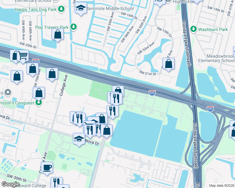 map of restaurants, bars, coffee shops, grocery stores, and more near 2402 Davie Road in Davie