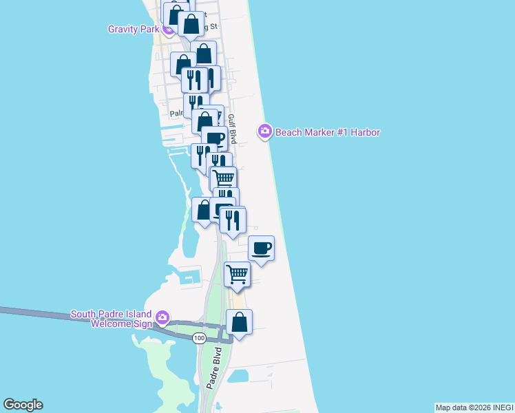 map of restaurants, bars, coffee shops, grocery stores, and more near 1010 Padre Boulevard in South Padre Island