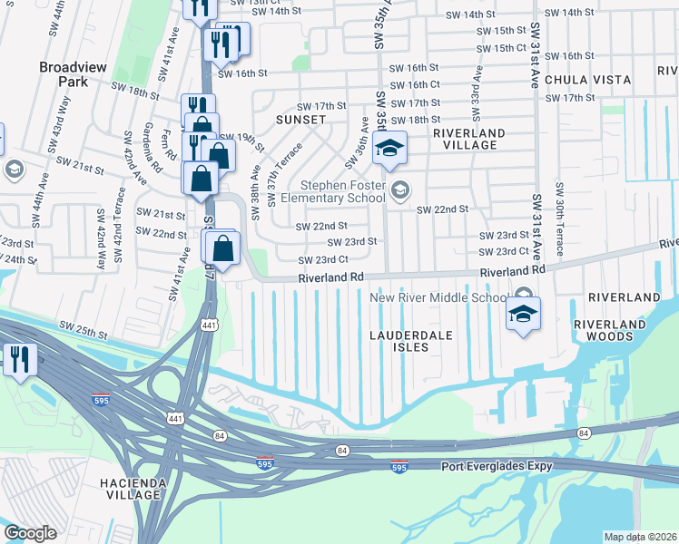 map of restaurants, bars, coffee shops, grocery stores, and more near 3608 Southwest 23rd Court in Fort Lauderdale