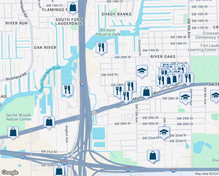 map of restaurants, bars, coffee shops, grocery stores, and more near 2399 Southwest 18th Avenue in Fort Lauderdale