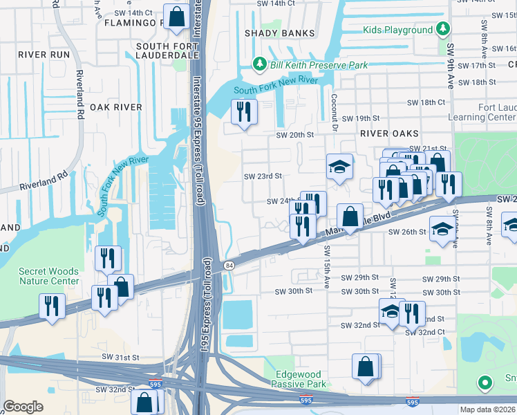 map of restaurants, bars, coffee shops, grocery stores, and more near 2399 Southwest 18th Avenue in Fort Lauderdale