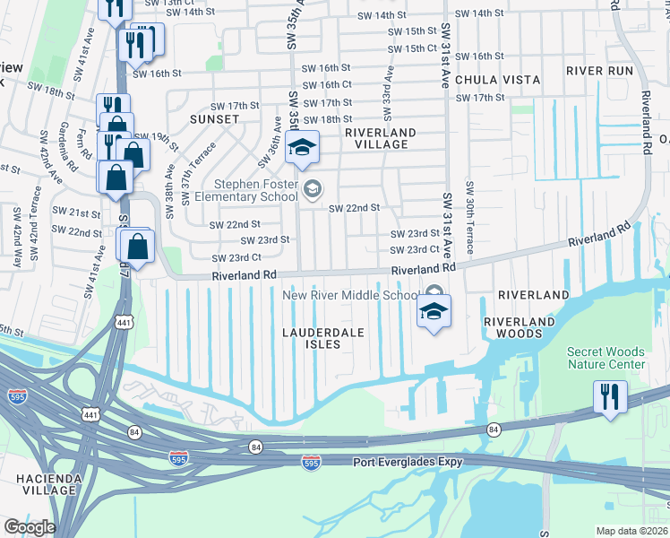 map of restaurants, bars, coffee shops, grocery stores, and more near 2365 Southwest 34th Terrace in Fort Lauderdale