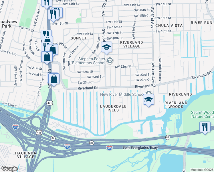 map of restaurants, bars, coffee shops, grocery stores, and more near 2331 Southwest 35th Avenue in Fort Lauderdale
