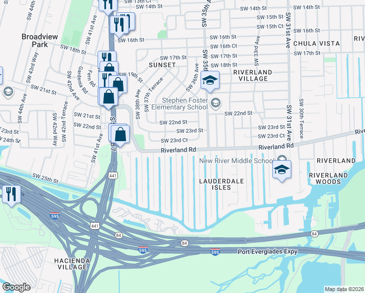 map of restaurants, bars, coffee shops, grocery stores, and more near 3608 Southwest 23rd Court in Fort Lauderdale
