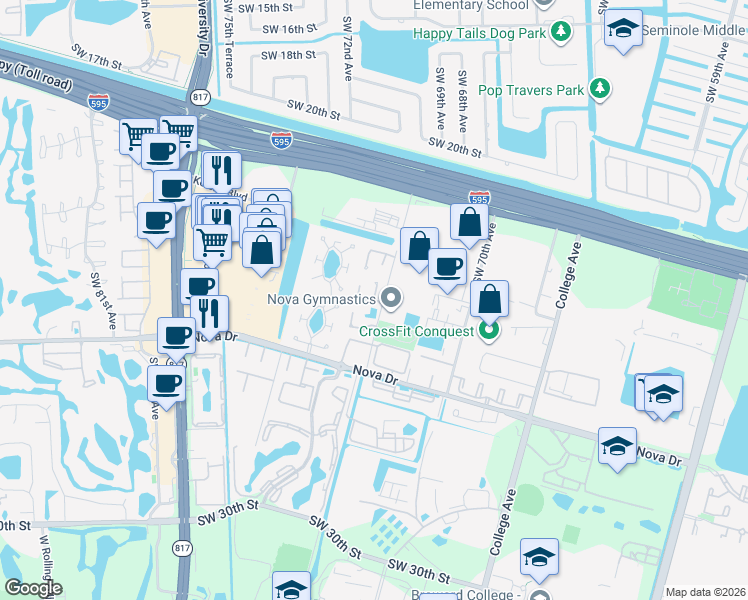 map of restaurants, bars, coffee shops, grocery stores, and more near 2116 Southwest 71st Way in Davie