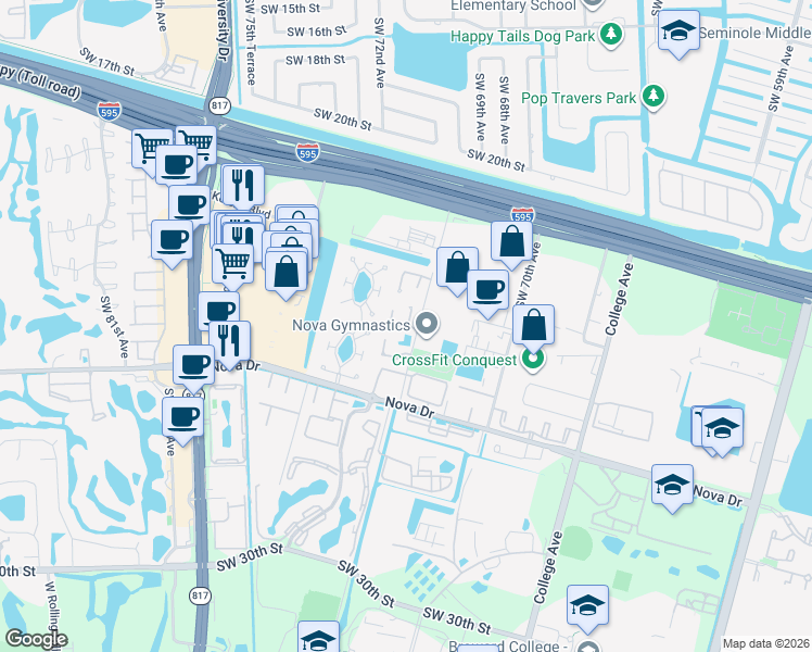 map of restaurants, bars, coffee shops, grocery stores, and more near 2116 Southwest 71st Way in Davie