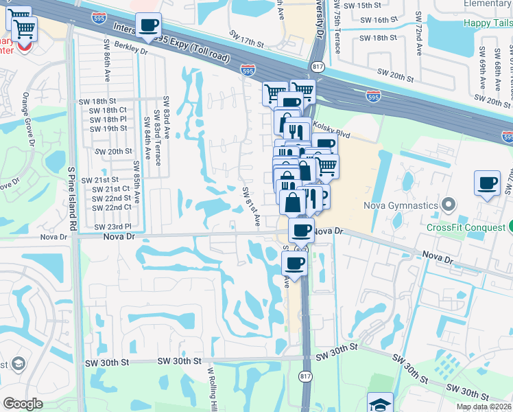 map of restaurants, bars, coffee shops, grocery stores, and more near 8052 Southwest 22nd Court in Davie