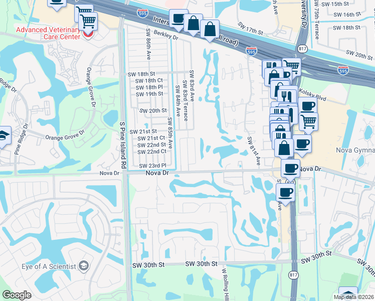 map of restaurants, bars, coffee shops, grocery stores, and more near 2196 Southwest 84th Avenue in Davie